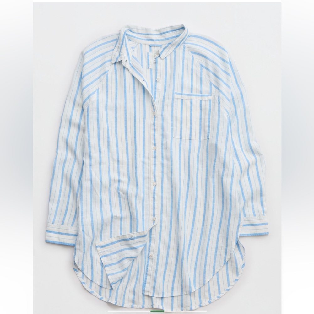 Aerie Blue and White Linen Blend Shirt Top Size Large NWT